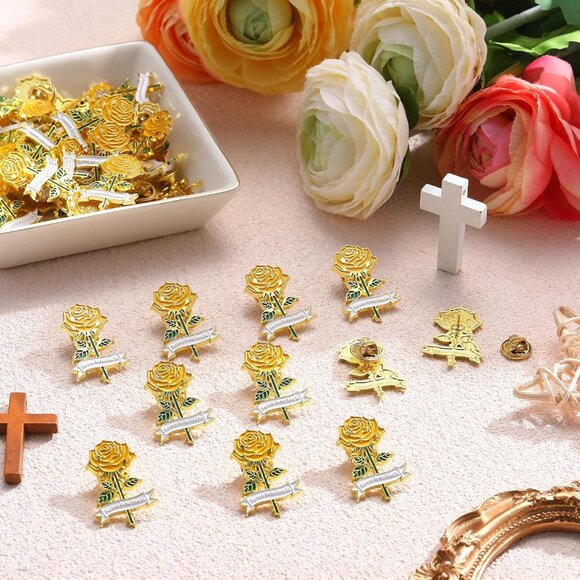 Womens Yellow Alloy Enamel Rose Pin for Funeral Memorial Day Remembrance, 50 pcs - Picture 5 of 6